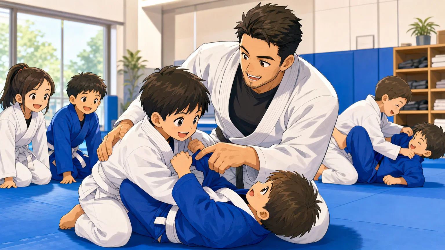 笑顔でクラスに参加する子供たち。コーチが寝技を優しく指導しているマタドール柔術キッズの練習風景