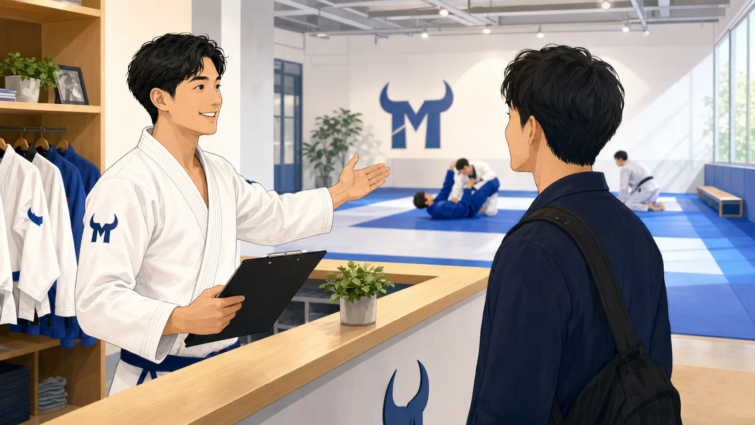 初心者が柔術ジムを見学して雰囲気を確認しているイメージ