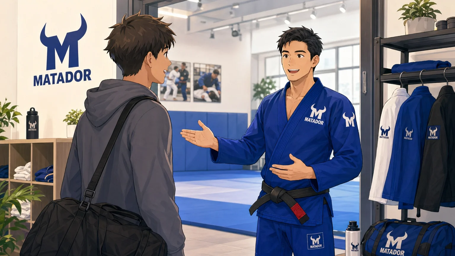 不安を抱えた初心者が体験ジムの入口で説明を受けているイメージ