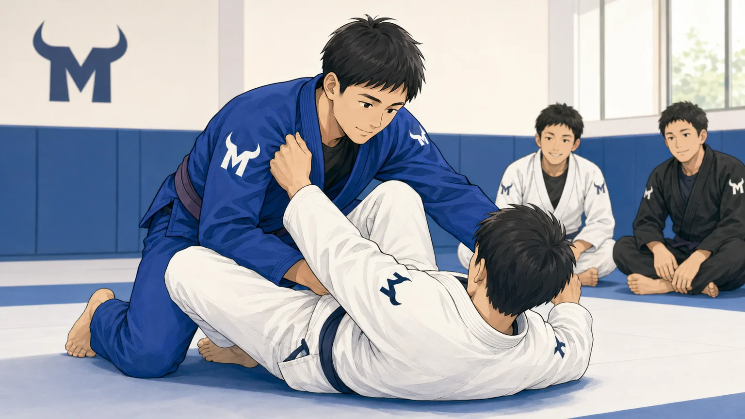 上級者が初心者の動きに合わせてゆっくりスパーリングしているイメージ