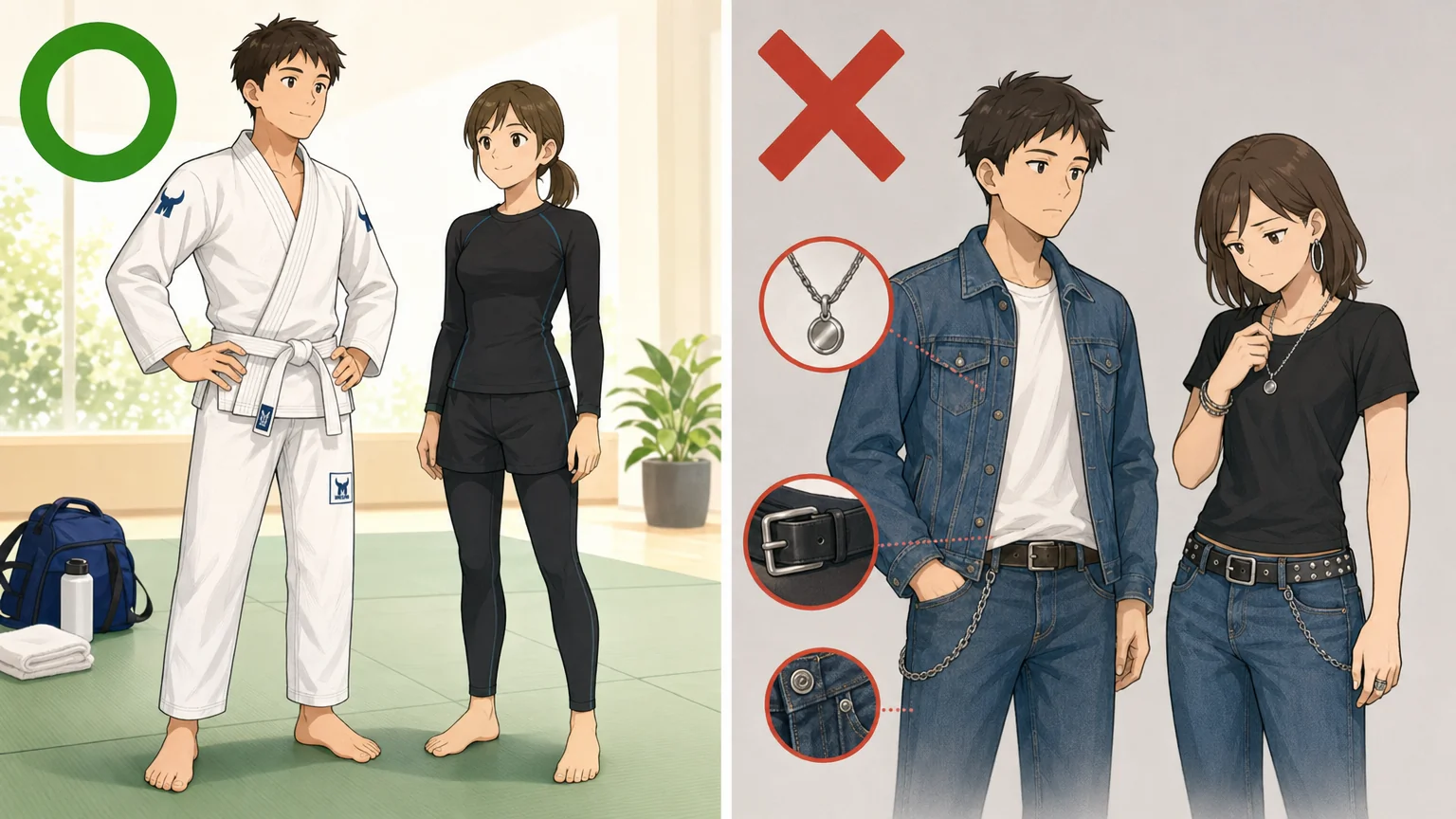 動きやすい服装と避けたい服装の比較イラスト
