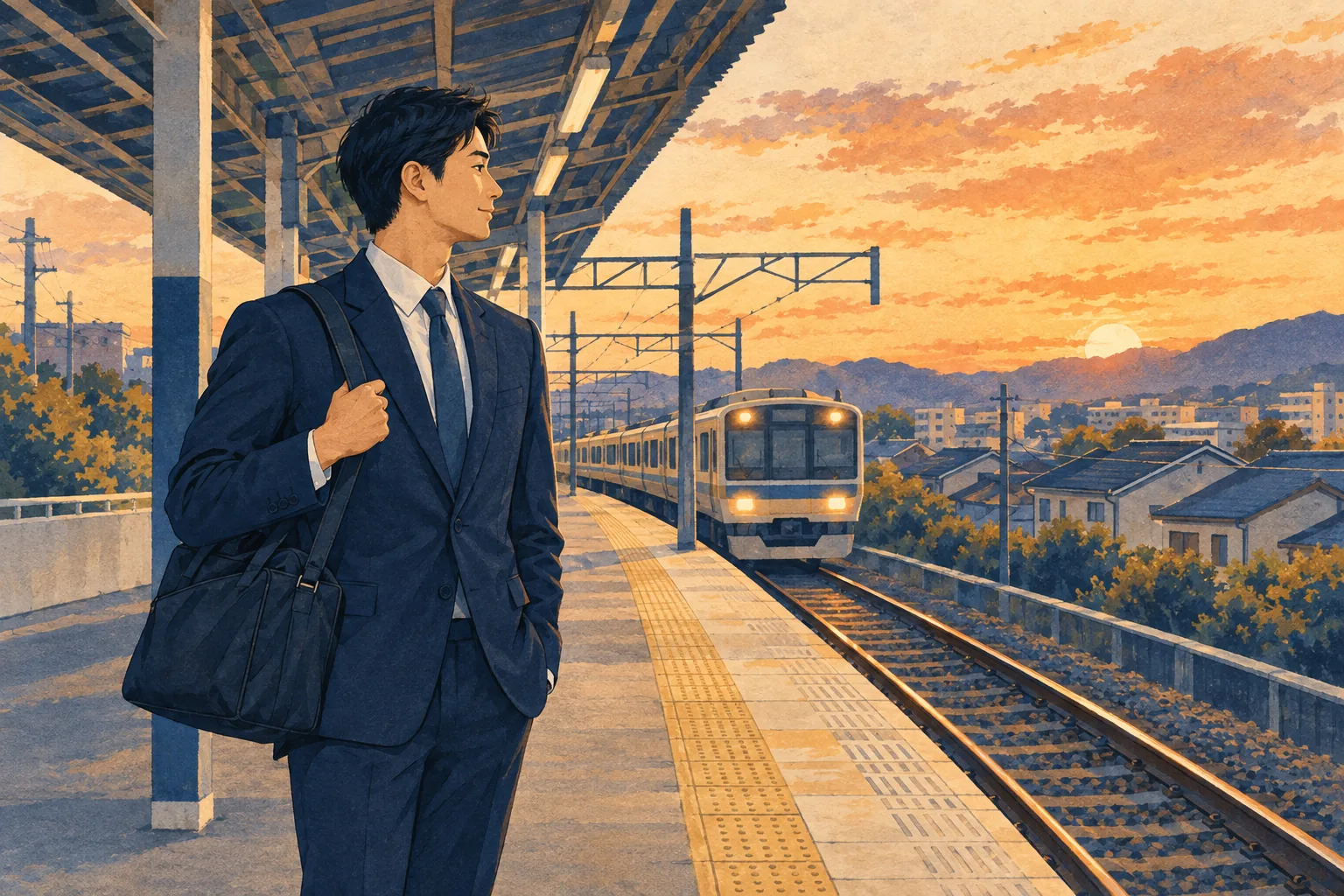 夕方の駅のホームで、スーツ姿の会社員がスポーツバッグを肩にかけて電車を待っている