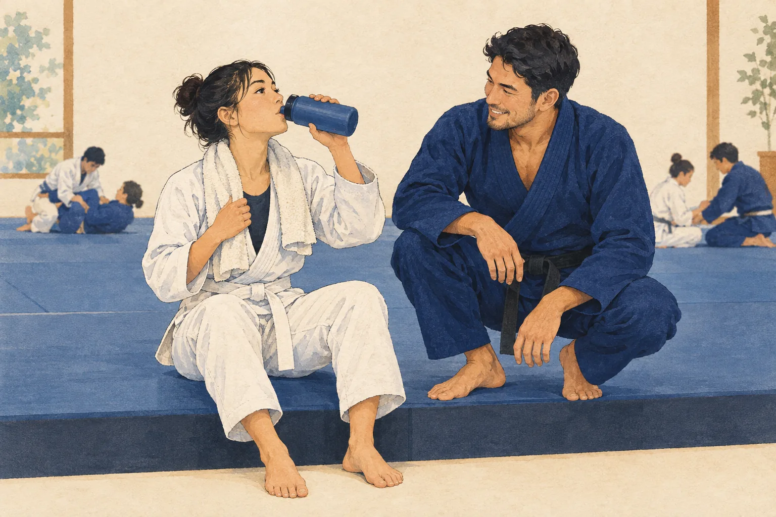 道着姿の初心者がマットの端に座って水を飲み、先生がそばで声をかけている