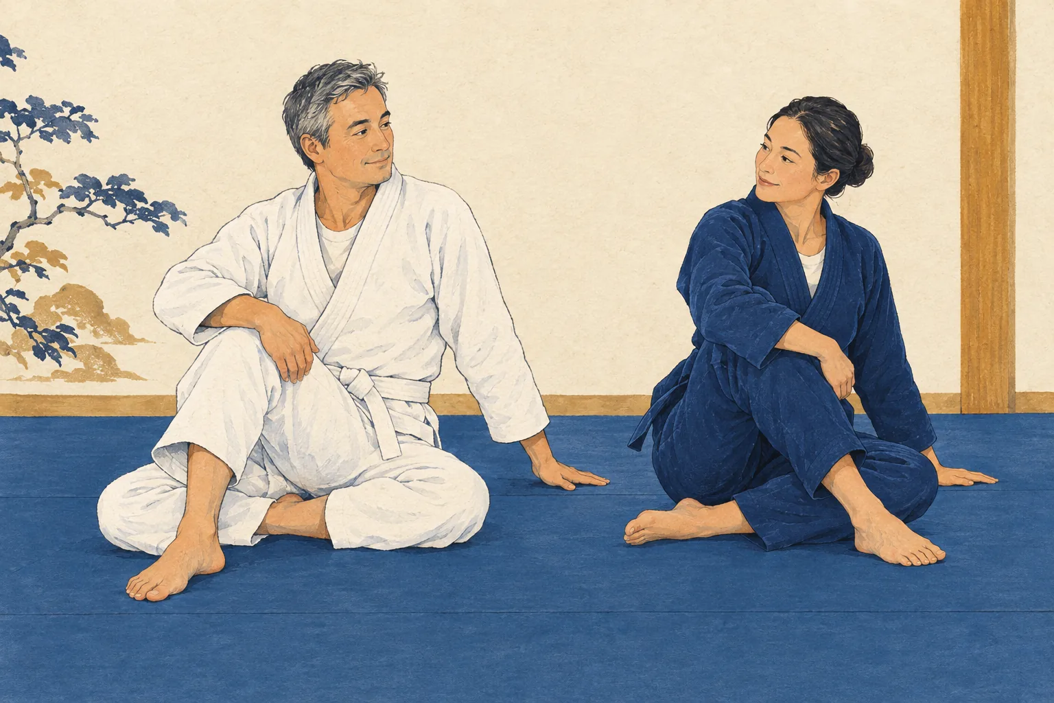 40代くらいの初心者が、先生と一緒にマットの上で肩と股関節をほぐす準備運動をしている
